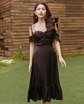 Silk Midi Dress with Ruched Bust and Ruffled Hem